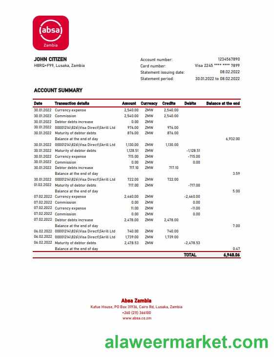 Zambia Absa bank statement, Excel and PDF template